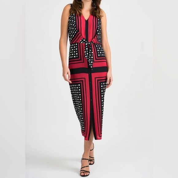 JOSEPH RIBKOFF Sz 10 Polka Dot Red Stripe Square Front Bow Lined Midi Dress - Picture 1 of 13